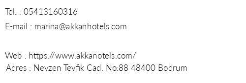 Akkan Hotel Marina telefon numaraları, faks, e-mail, posta adresi ve iletişim bilgileri